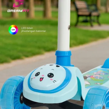 Детский трёхколёсный самокат DF-602-919 с подсвечивающимися колёсами и регулируемой по высоте ручкой. — купить в DreamFit